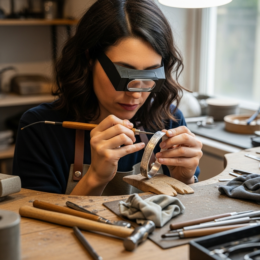 Femme entrain de personnaliser son bracelet en argent