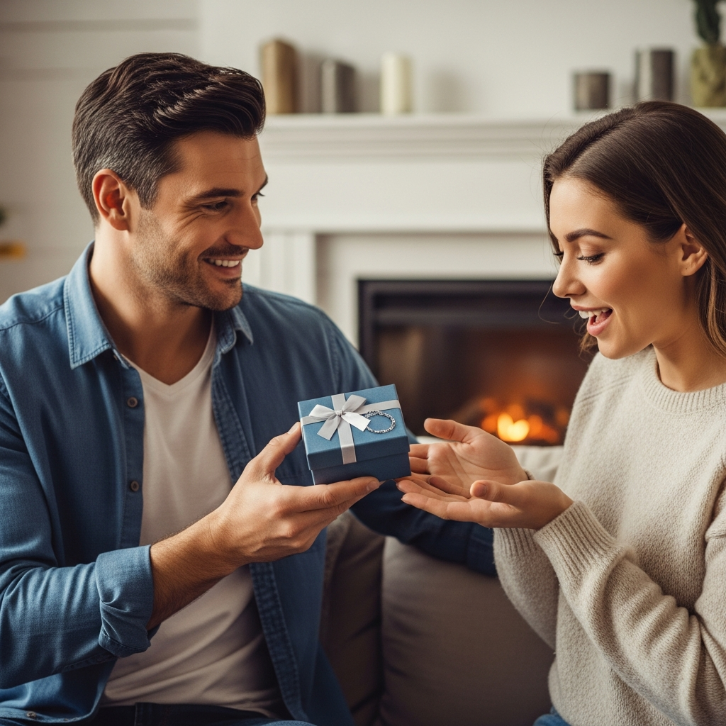 Homme qui offre un bracelet personnalisé à sa femme