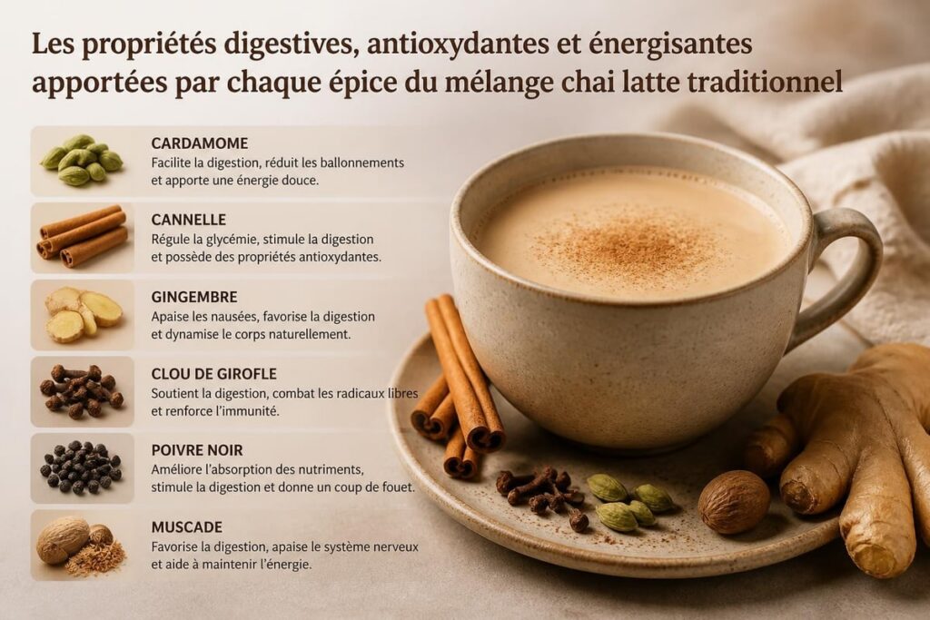 Tasse de chai latte mousseux avec cannelle, cardamome et épices