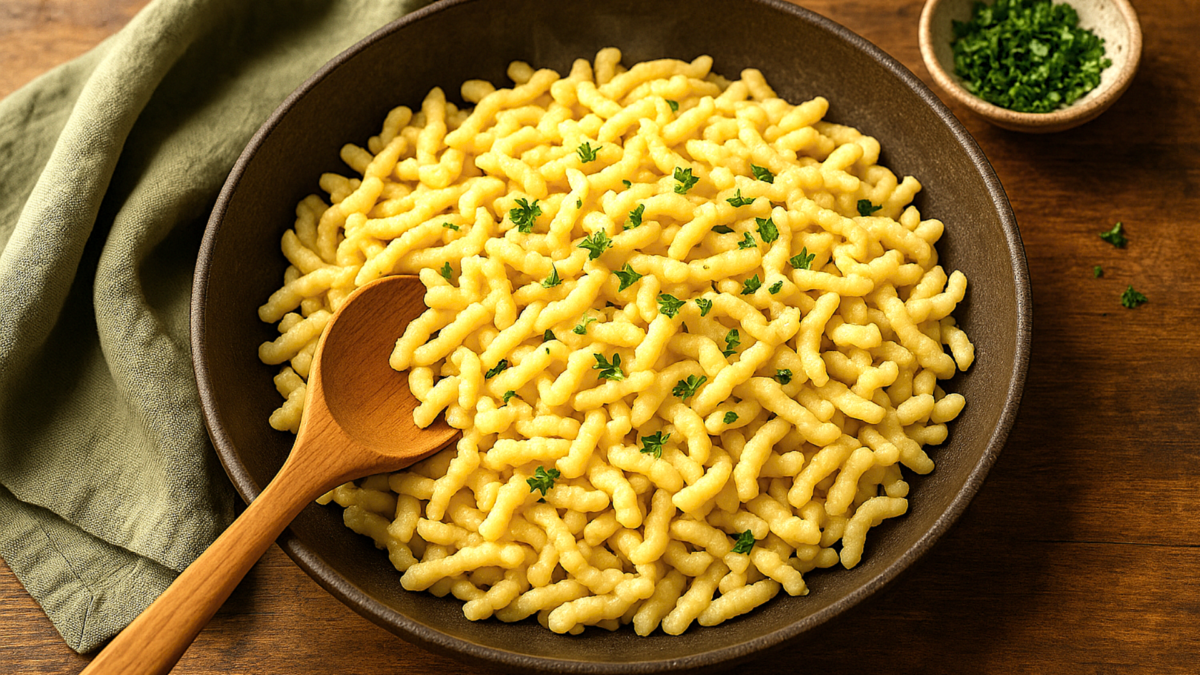 Spaetzle maison dorés dans une poêle avec une noix de beurre
