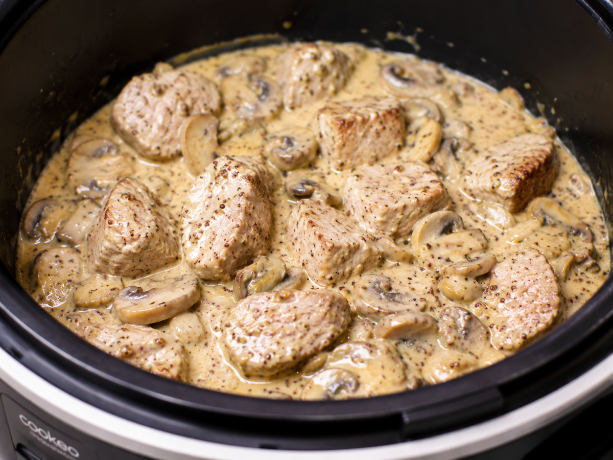 Filet mignon de porc en sauce crémeuse à la moutarde avec champignons, préparé au Cookeo