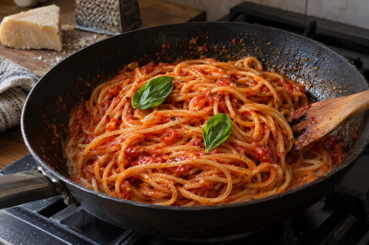 Assiette de spaghetti à la sauce tomate avec basilic frais
