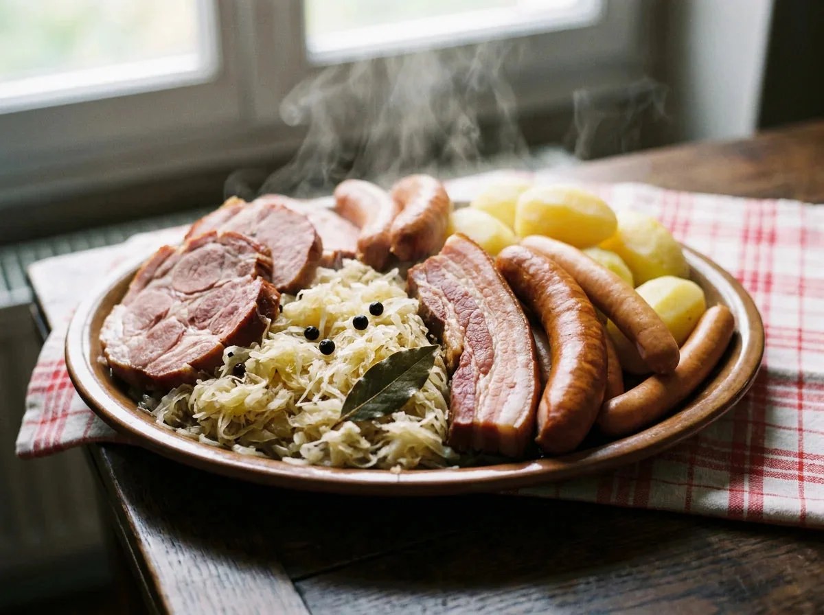Choucroute alsacienne garnie de saucisses, viandes fumées et pommes de terre