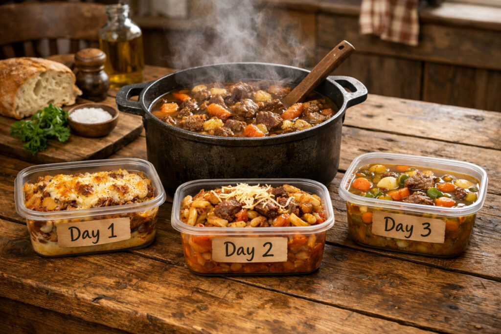 Plats mijotés dans une cocotte en fonte avec légumes et viande