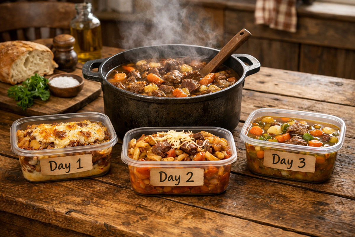 Plats mijotés dans une cocotte en fonte avec légumes et viande