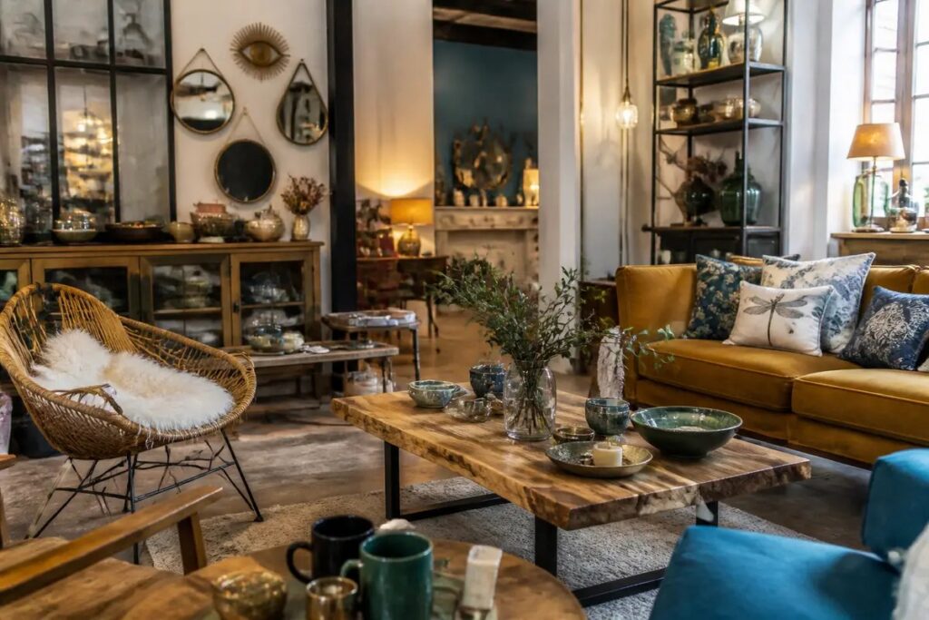 Salon chaleureux décoré avec un canapé, des coussins colorés, des plantes et une lampe d'appoint