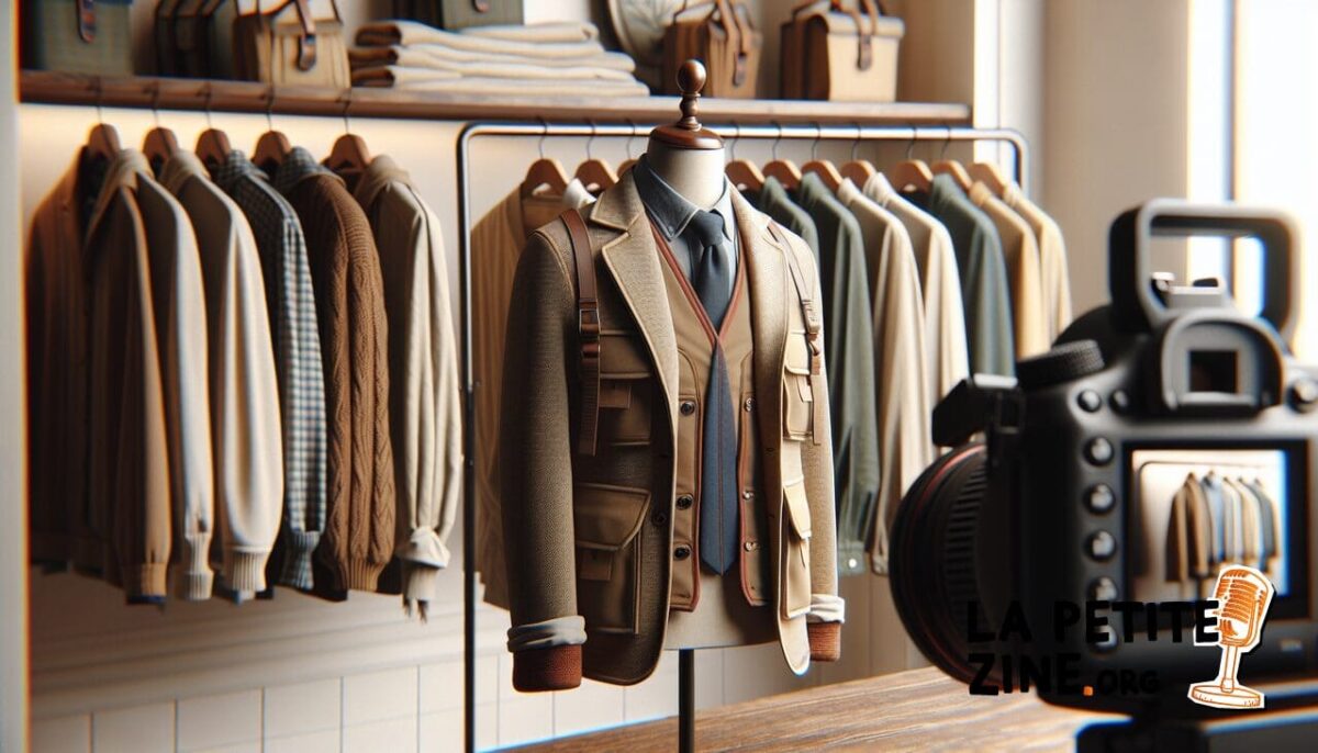 Vêtements en A exposés sur cintres en bois dans une boutique chic.