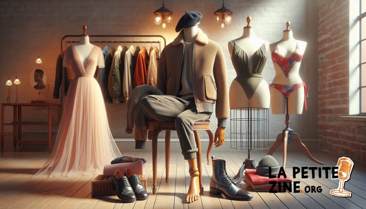 Vêtements en B exposés chic boutique, beret, bomber, balaclava, brogues, robe, bikinis.