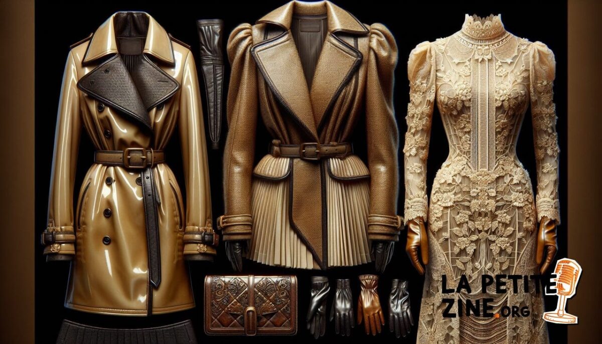 Vêtements en G : Trench en gabardine, robe en dentelle, gants brodés. Texture et qualité mis en valeur.