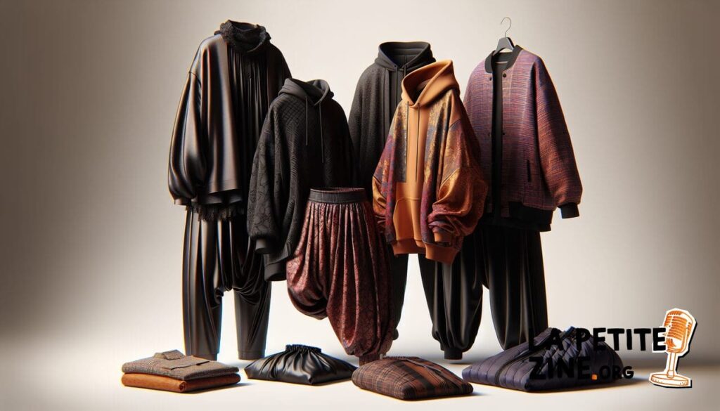 "Vêtements en H : Haut-de-forme, pantalon Harem, Hoodie et veste Harrington, détails précis visibles."