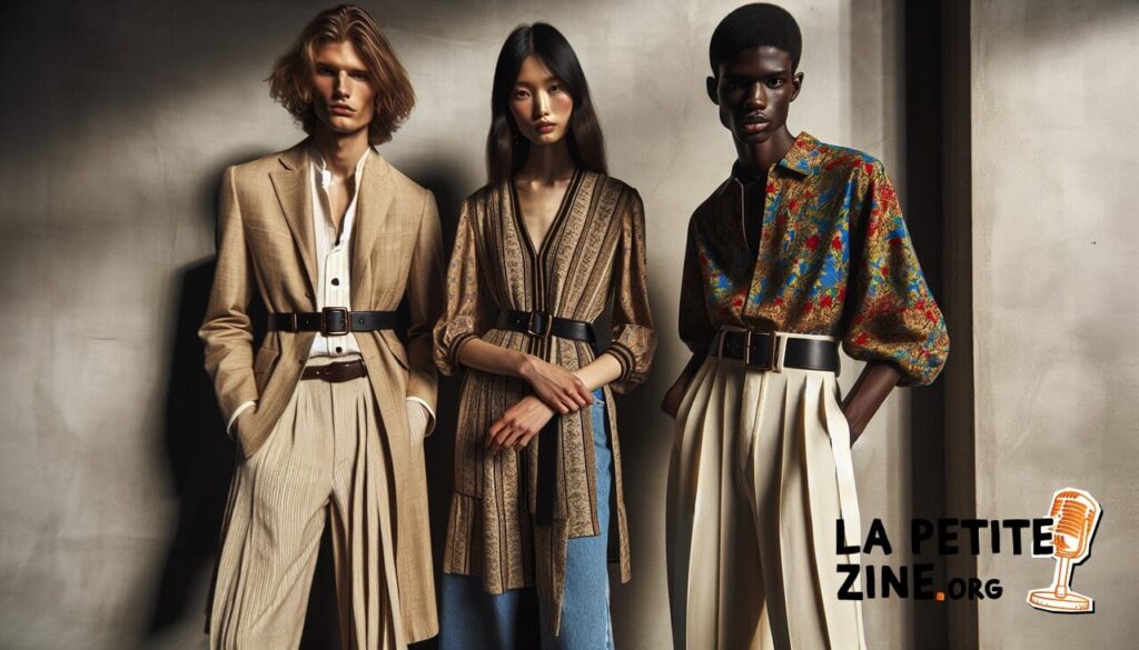 Création d'un alt text optimisé pour Google Images : Vêtements en I - Groupe de mode aux styles distincts : impeccable, inouï et imprimé - Arrière-plan urbain neutre.