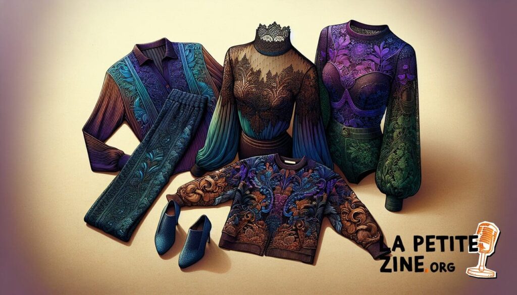 Vêtements en L: Legging bleu profond, blouse en dentelle, léotard violet brillant, loden vert.