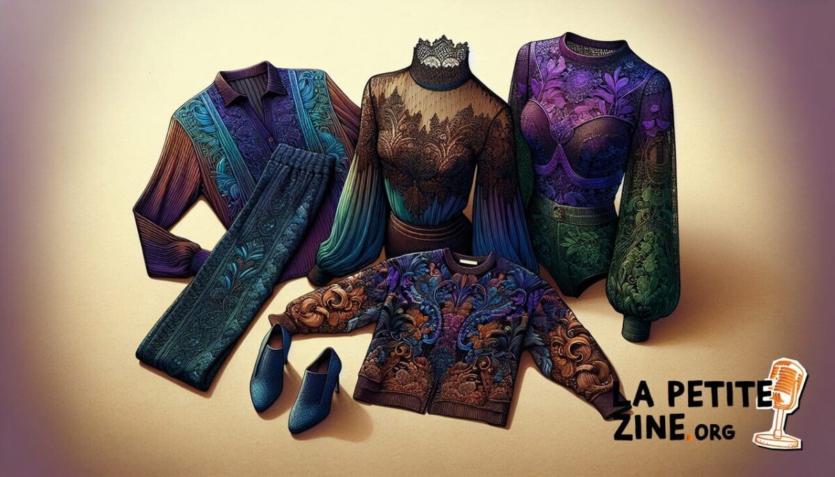 Vêtements en L: Legging bleu profond, blouse en dentelle, léotard violet brillant, loden vert.