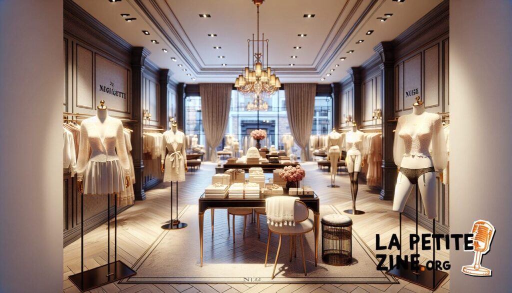 Affiche : Vêtements en N dans une boutique avec négligée, nuisette, nœud papillon.