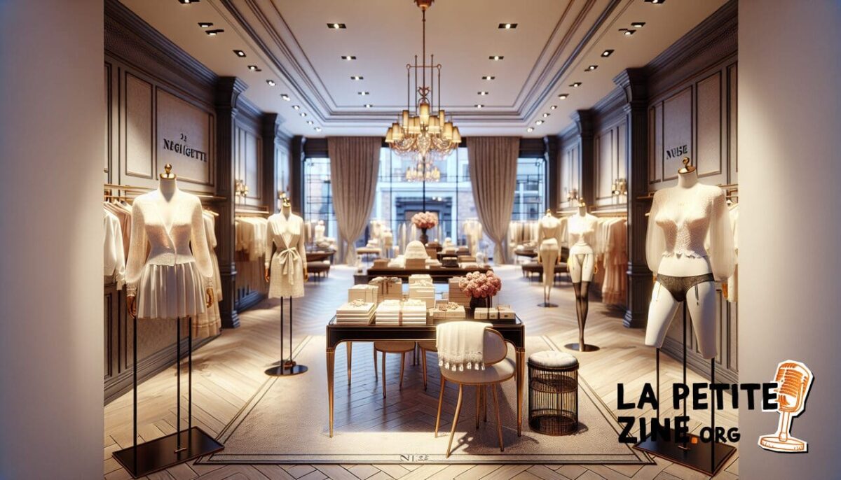 Affiche : Vêtements en N dans une boutique avec négligée, nuisette, nœud papillon.