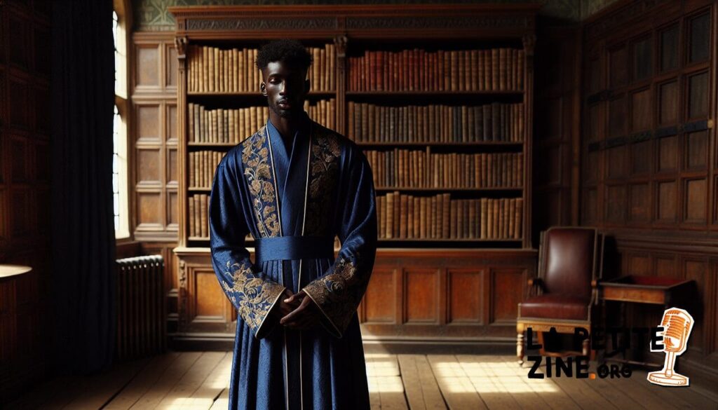 Un homme en robe longue bleue royale à motifs dorés dans une bibliothèque vintage.