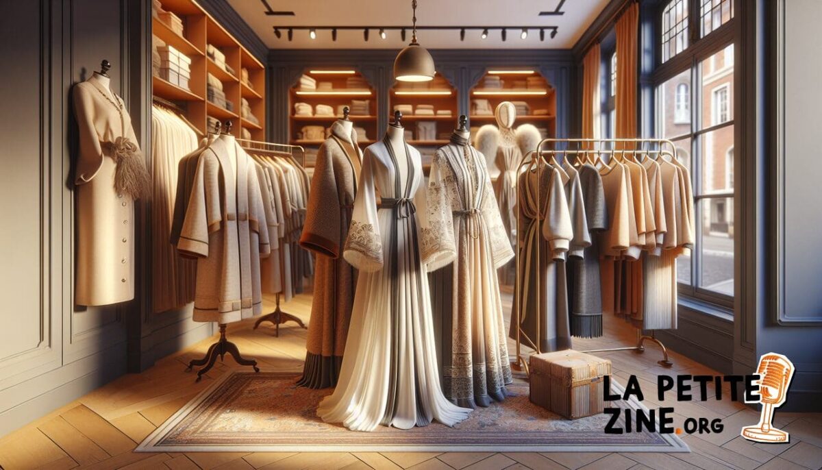 Vêtements en R variés, élégamment disposés dans une boutique chic.