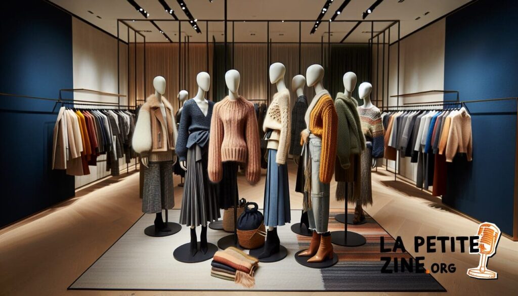 Vêtements en S dans une boutique élégante avec une esthétique minimaliste.