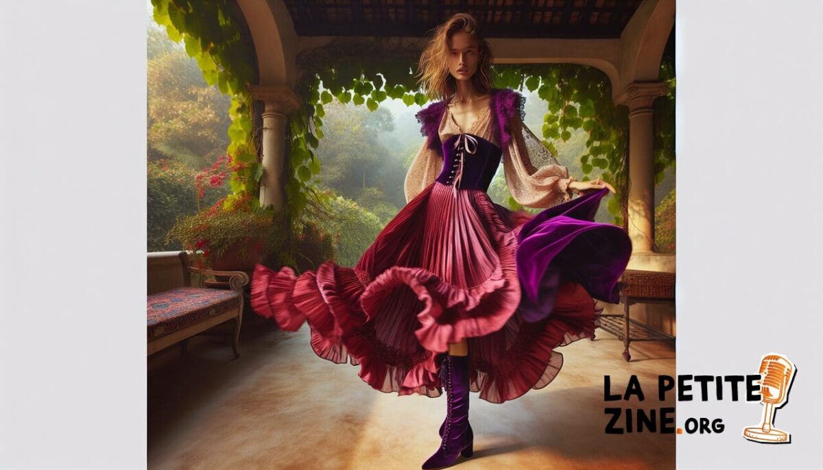 Vêtements en V violet et vanille, jupe vermillon et bottes violettes vernies.