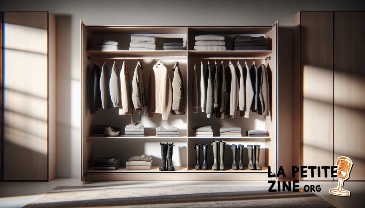 Vêtements en W : imperméable, laine, bottes en caoutchouc dans une armoire organisée.