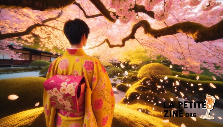 Vêtement en Y traditionnel dans un jardin japonais avec cerisier en fleurs. true