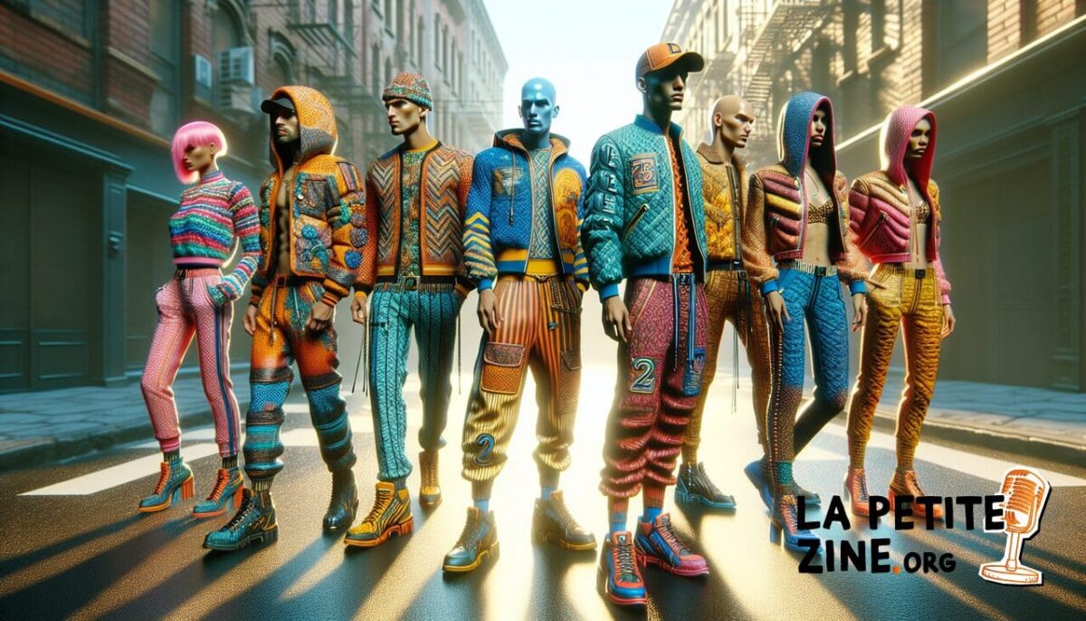 Vêtements en Z stylisés dans une scène de mode urbaine.